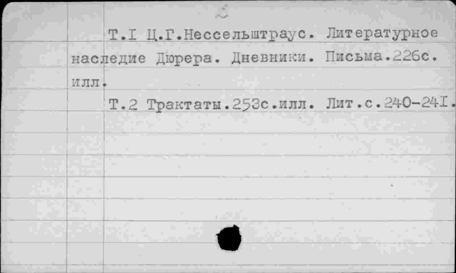 ﻿■ Т .1 Ц.Г. Не с с е льштрау с. Лит е р ат урн о е наследие Дюрера. Дневники. Письма.226с. ИЛЛ.
Т.2 Трактаты.253с.илл. Лит.с.240-241